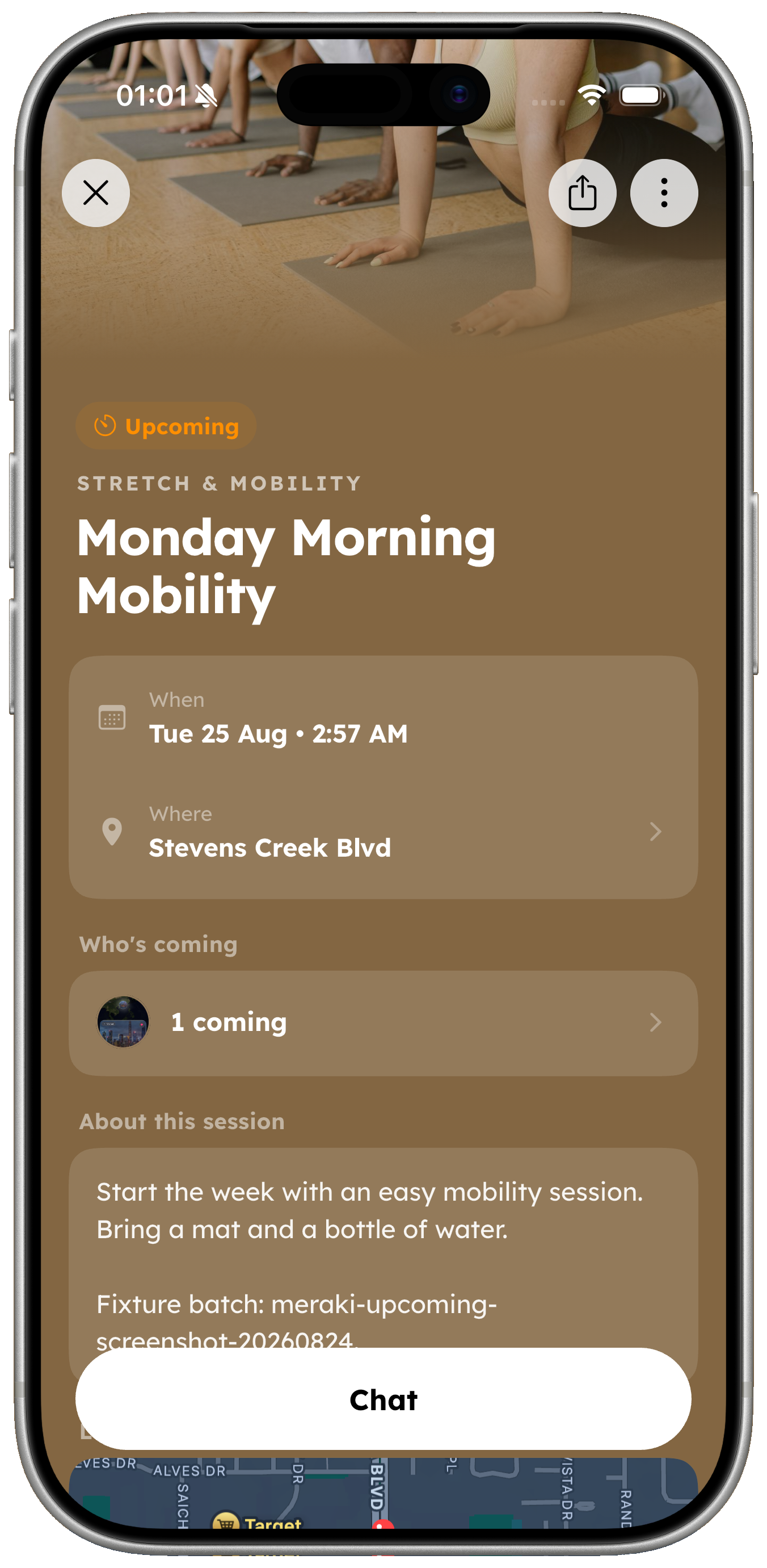 Spotter activity details screen showing time and location