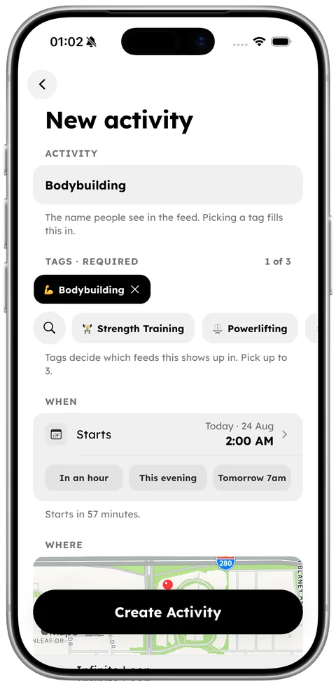 Spotter screen for creating a new activity