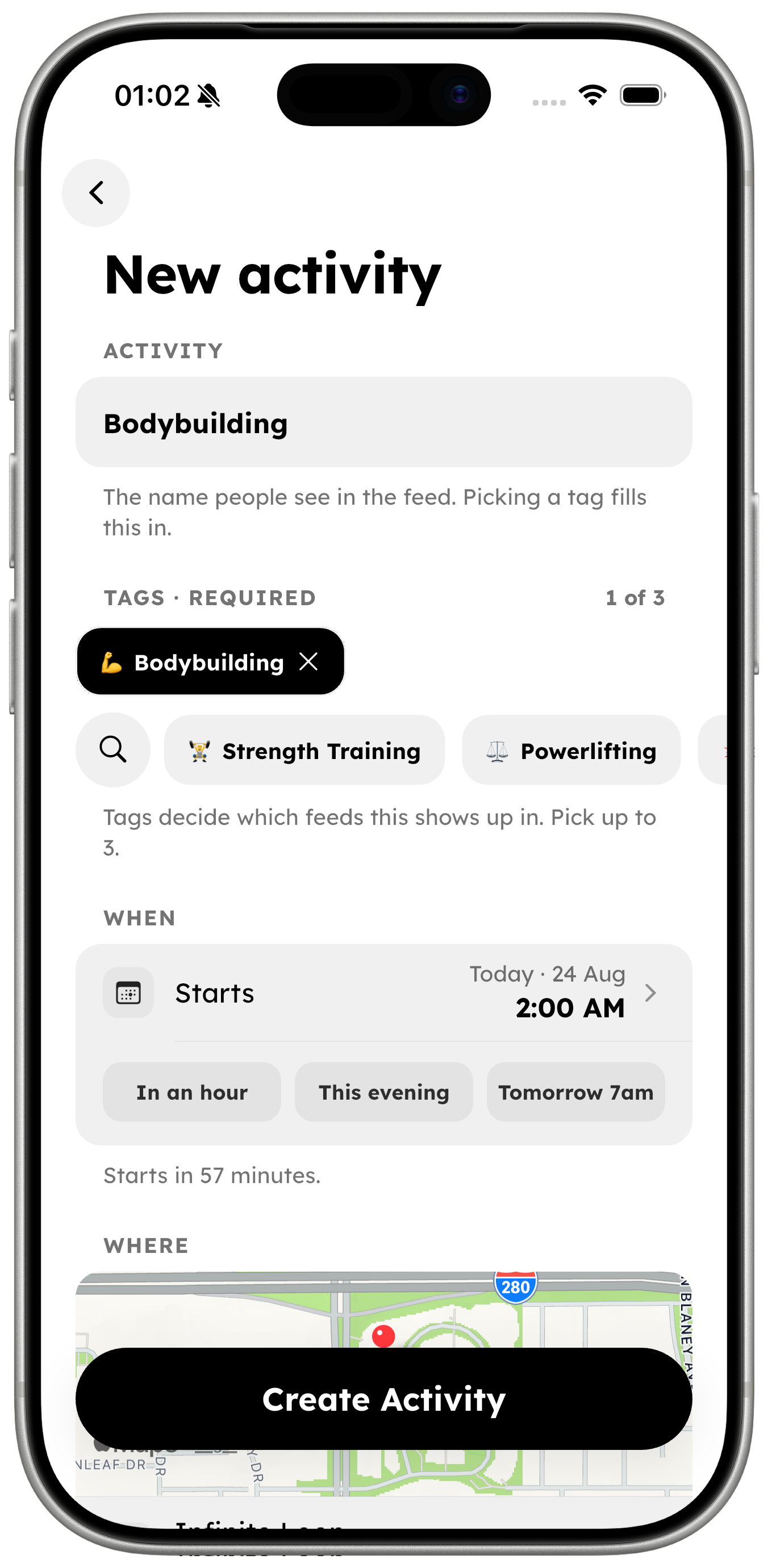 Spotter screen for creating a new activity